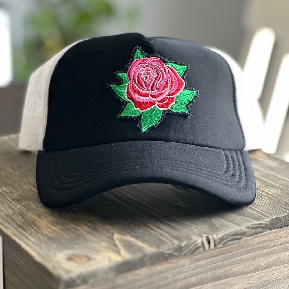 Embroidered Rose Patch, Mid-profile mesh trucker hat